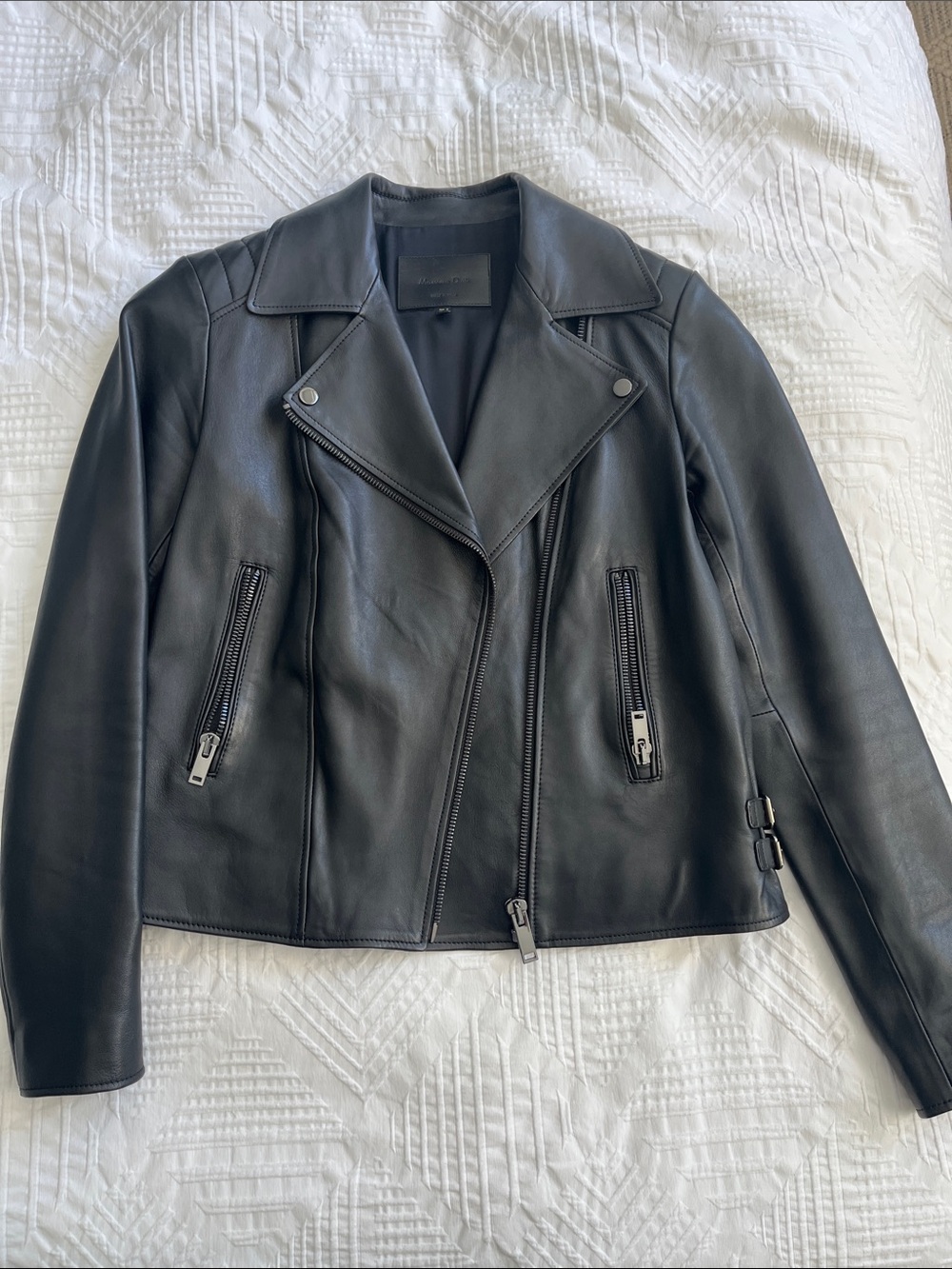 Massimo Dutti Black Leather Biker Jacket with Zip Pockets